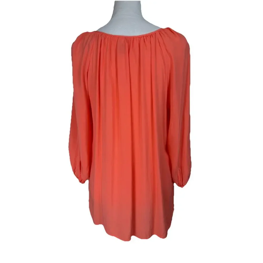 JCP Women’s Top Tunic L Coral Rhinestones 3/4 Sleeves Lightweight Flowy Beach - Picture 6 of 13